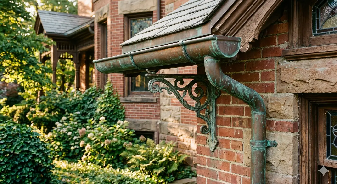 Copper gutter system with natural patina on a historic home β Guardian Gutters