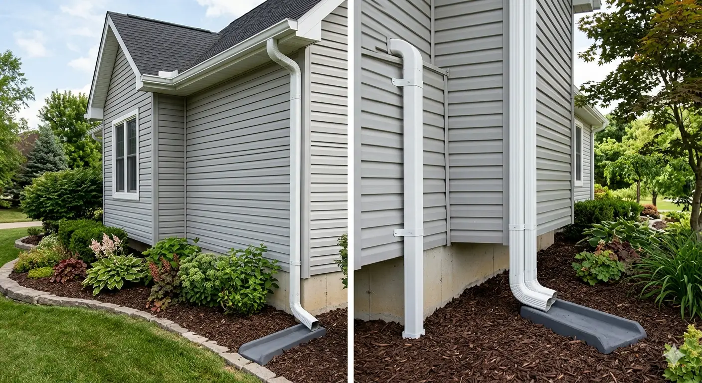 Downspout installation with splash block directing water from foundation β Guardian Gutters